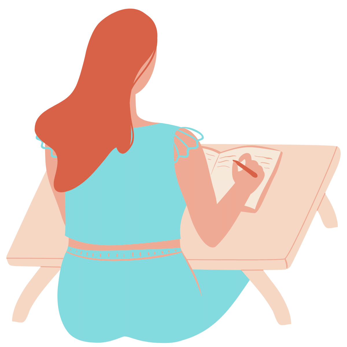Illustrated image of a woman writing at a desk, writing an inclusive communication campaign
